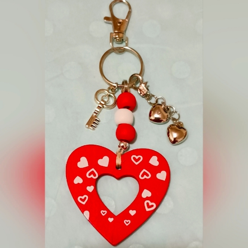 Heart👍 Keychain with Red and White Beads
